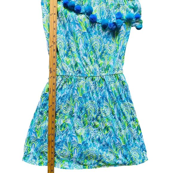 Lilly Pulitzer Idara One-Shoulder Romper XXS Green Blue Pom-Pom Resort Cruise - Picture 2 of 6